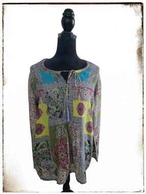 Johnny Was Silk Tunic With Pin Tuck & Tie Front, Colorful, Boho